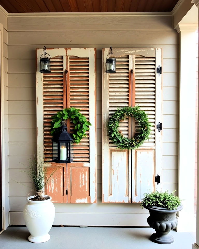 rustic porch with distressed shutters as wall art - 30 Rustic Porch Ideas