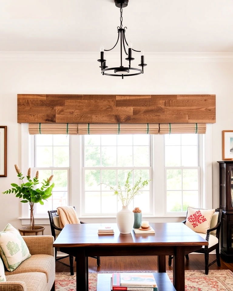 rustic reclaimed wood cornices - 40 Farmhouse Window Treatment Ideas