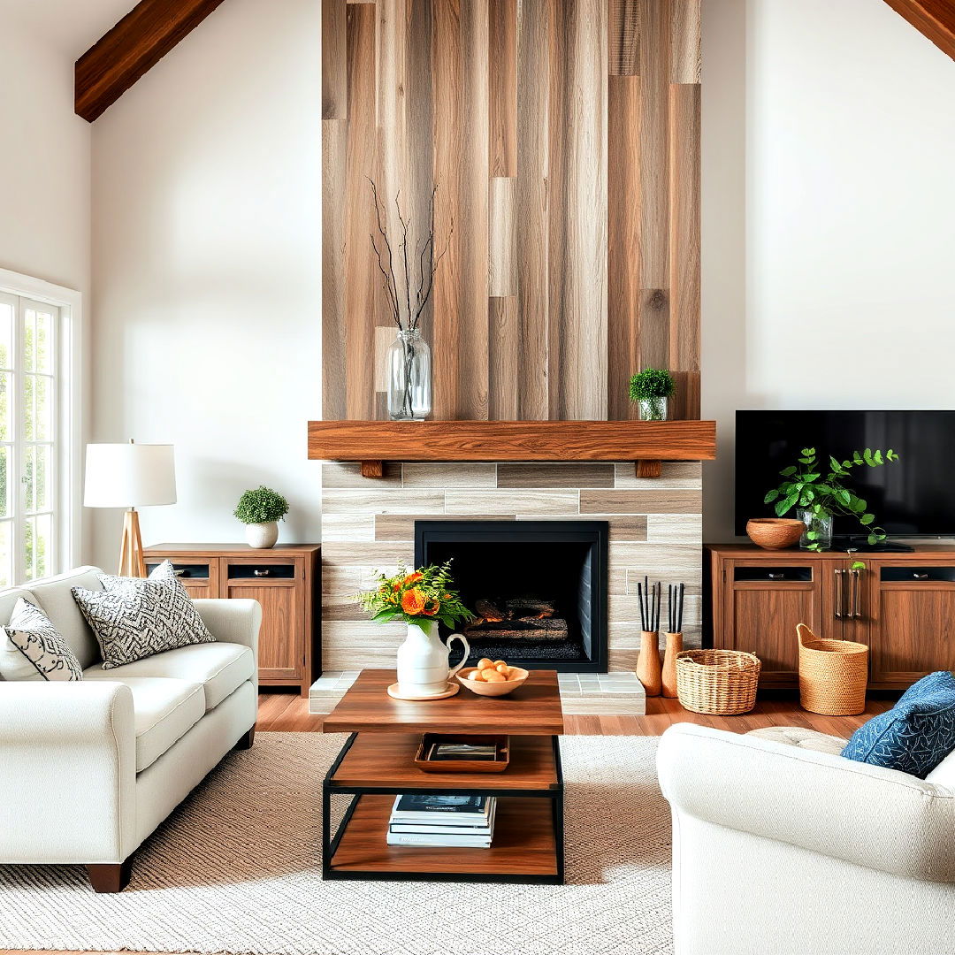 rustic reclaimed wood look tiles - 30 Farmhouse Fireplace Tile Ideas