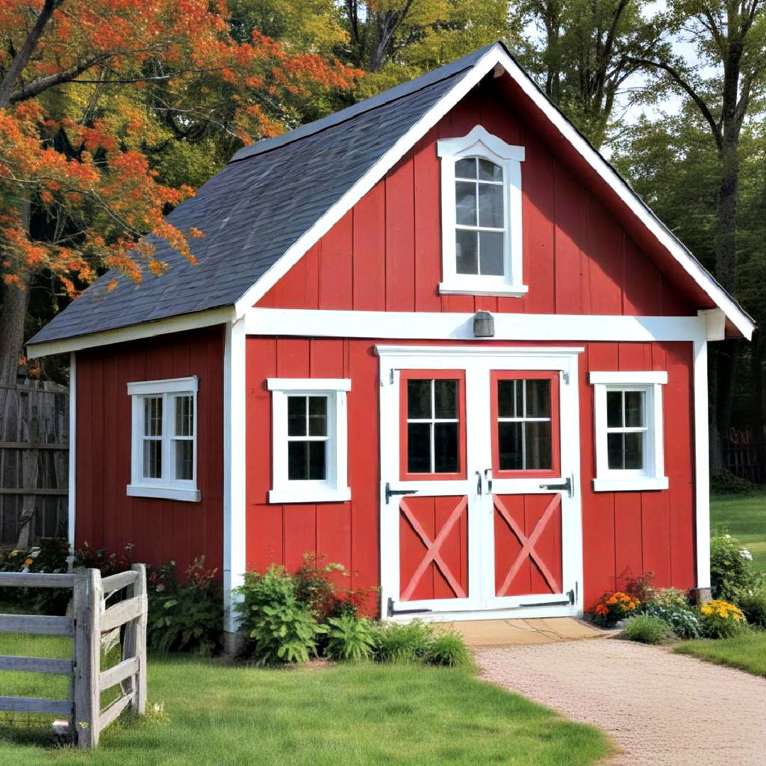 rustic red shed with white trim - 20 Shed Color Ideas
