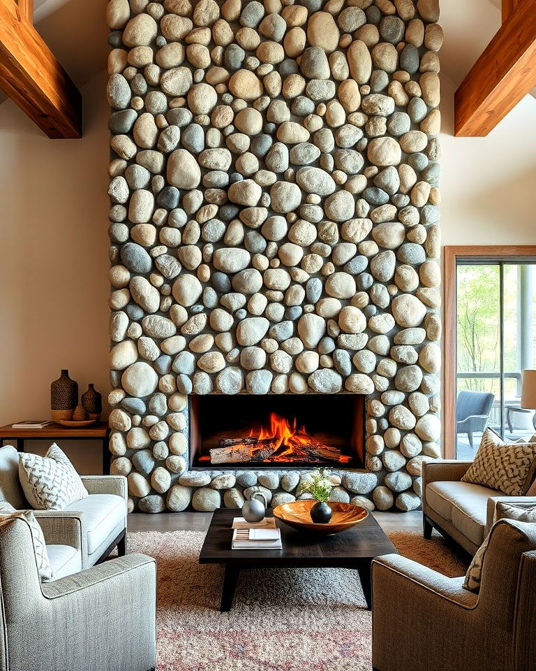 rustic river rock floor to ceiling fireplace - 20 Floor-to-Ceiling Stone Fireplace Ideas