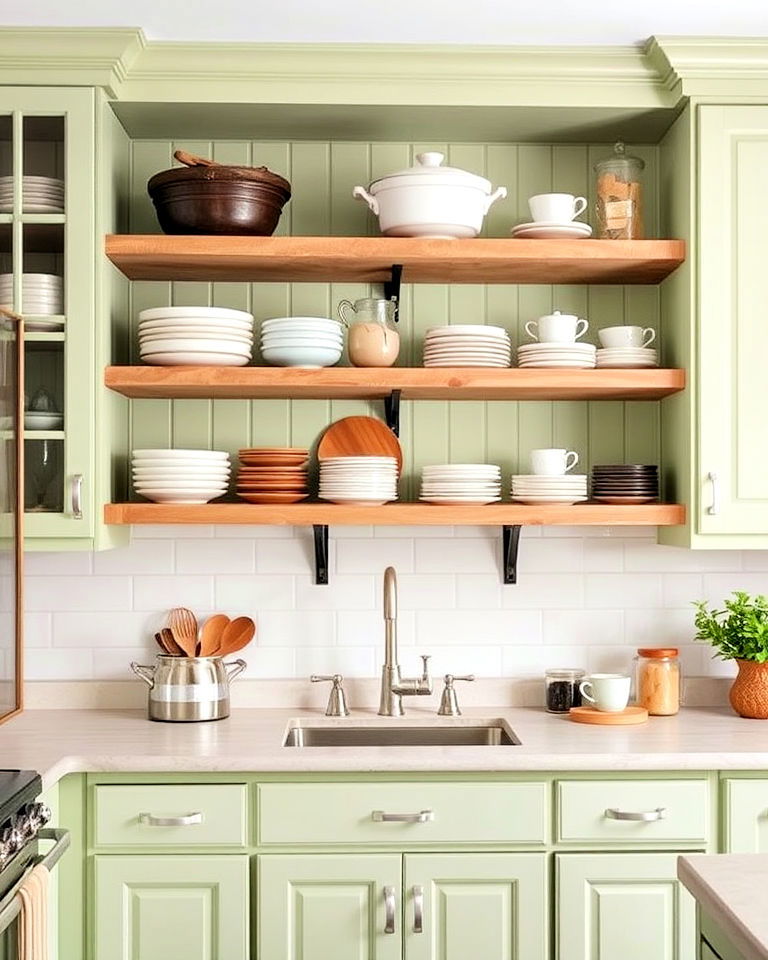 rustic sage green cabinets with open shelving - 20 Rustic Sage Green Kitchen Cabinets