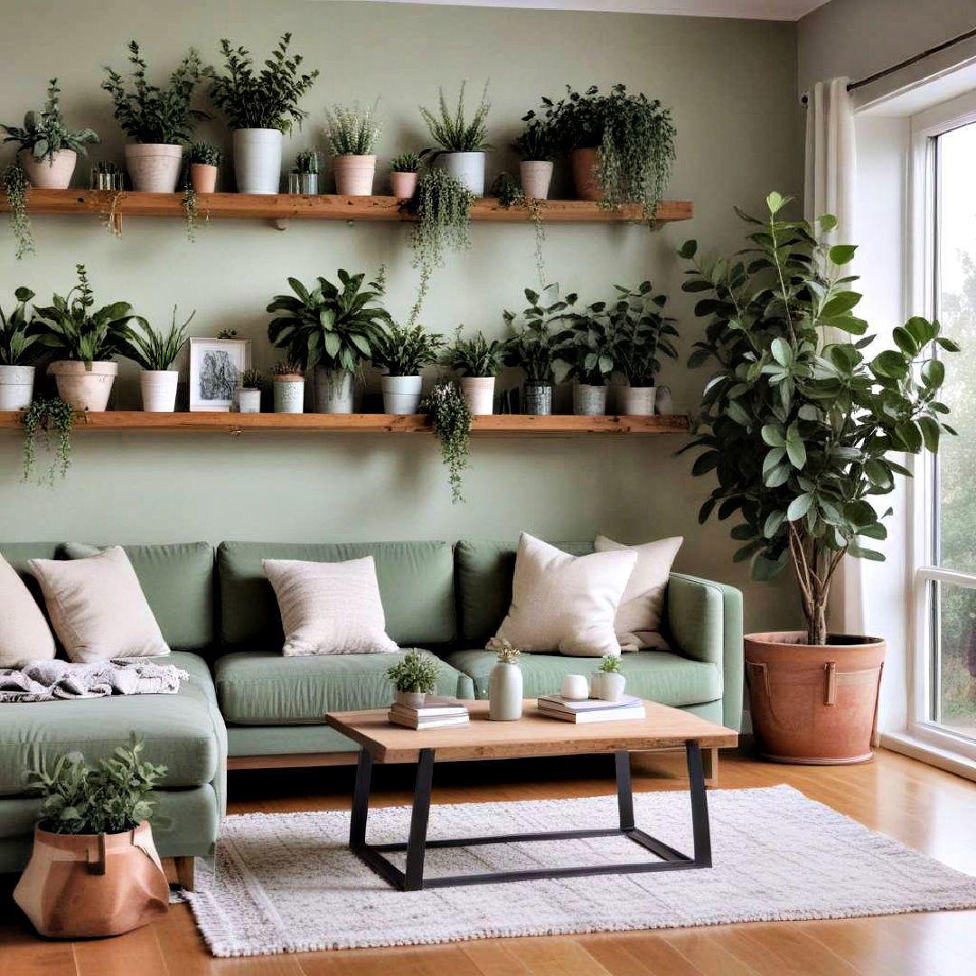 rustic sage green living room with indoor plants - 25 Rustic Sage Green Living Room Ideas
