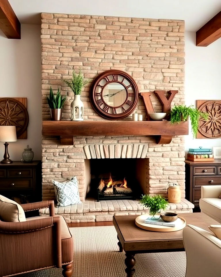 rustic statement fireplace - 25 Joanna Gaines Living Room Ideas