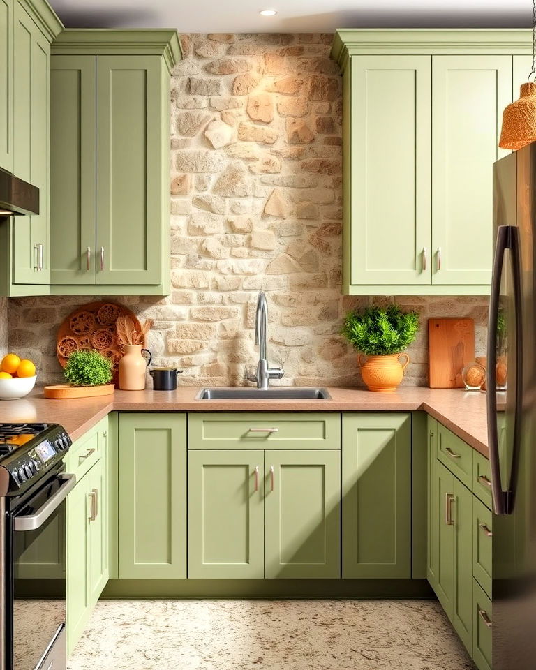 rustic stone backsplash and sage green cabinets - 20 Rustic Sage Green Kitchen Cabinets