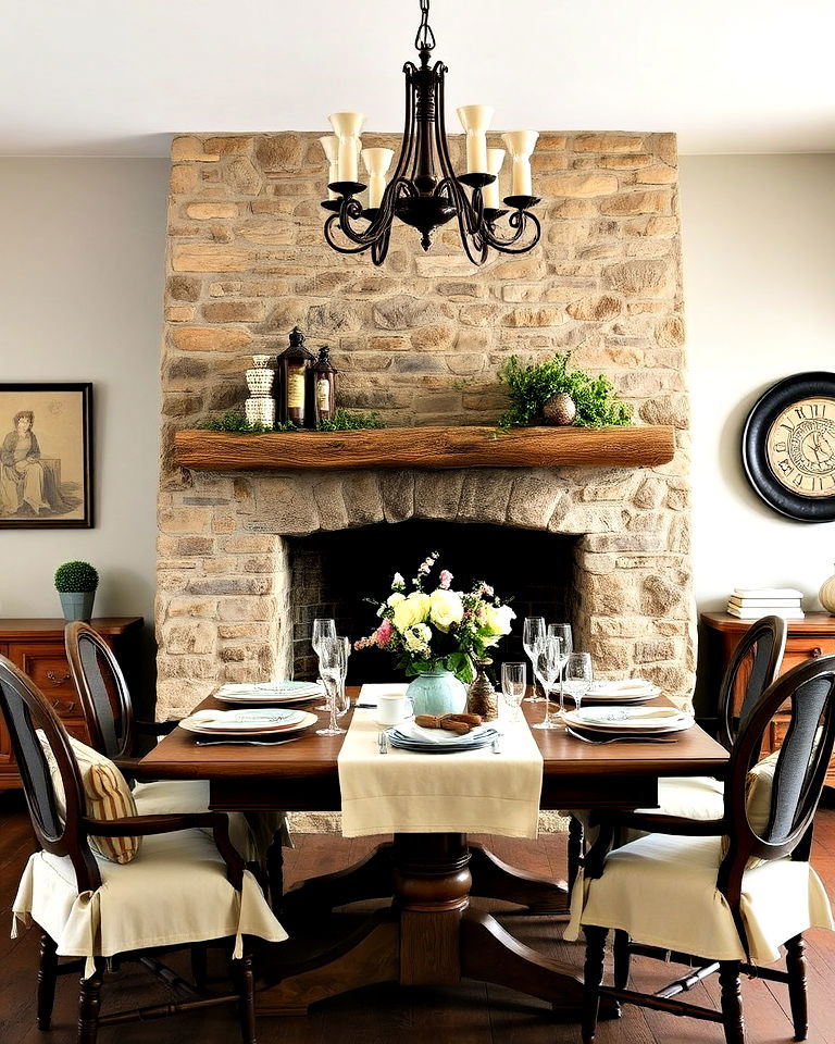 rustic stone fireplace for french country dining room - 30 Dining Rooms With Fireplaces
