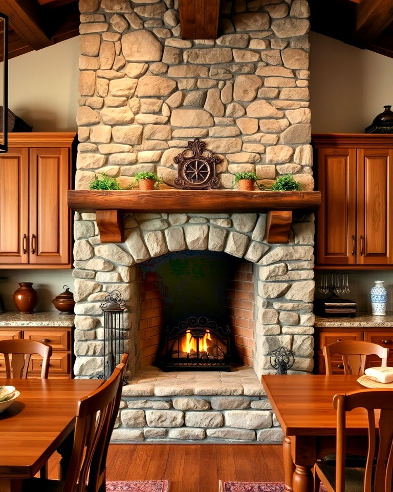 rustic stone fireplace for kitchen - 25 Kitchens With Fireplaces