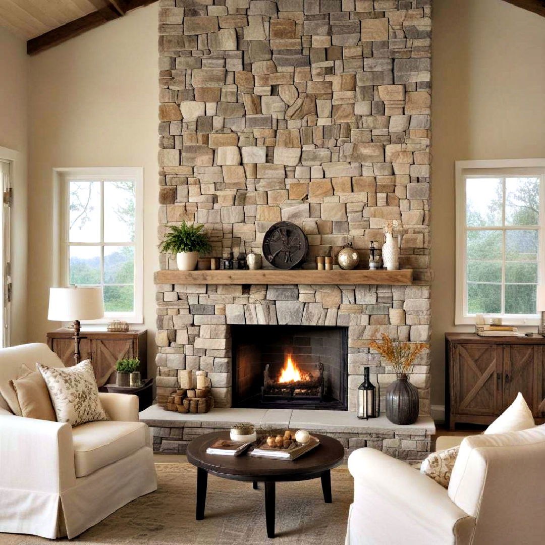 rustic stone fireplace - 40 Neutral Living Room Ideas