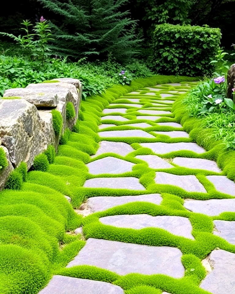 rustic stone pathway with moss growing - 30 Stepping Stone Walkway Ideas