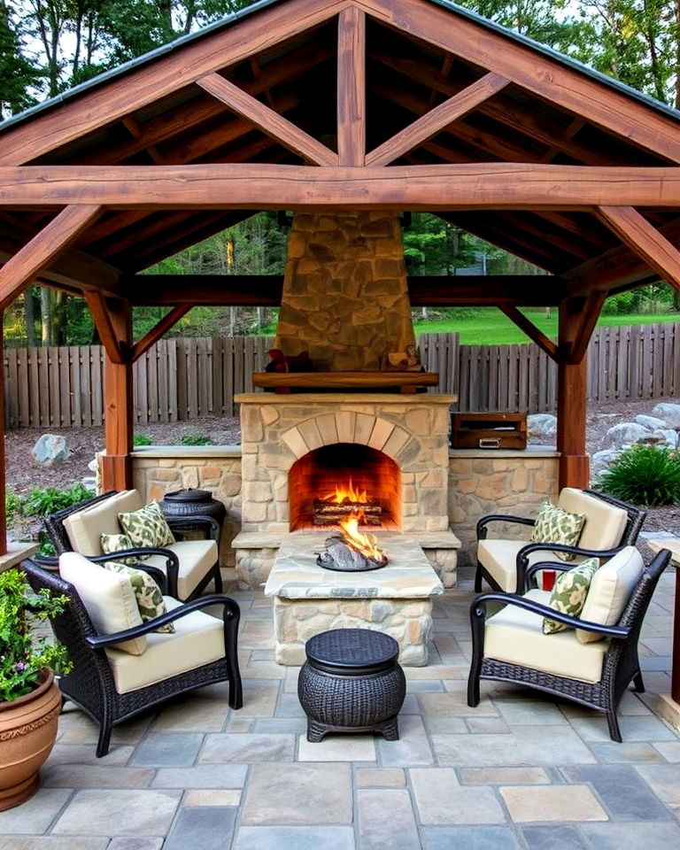 rustic stone pavilion with fireplace for backyard - 15 Backyard Pavilions With Fireplaces