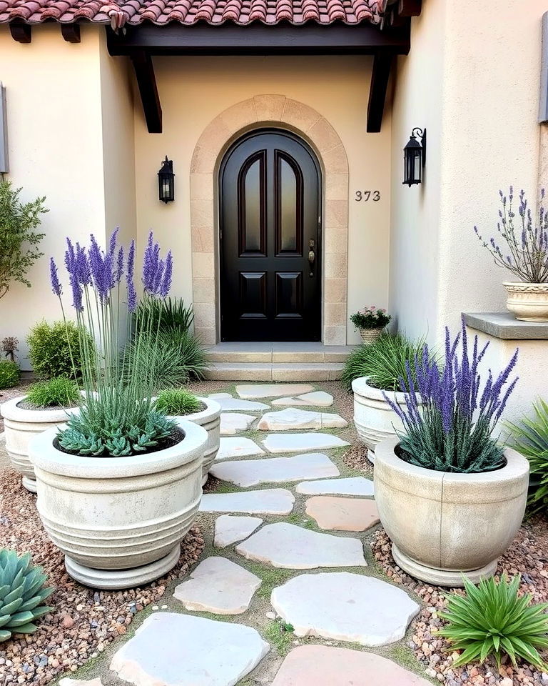 rustic stone planters for spanish style front yard - 20 Front Yard Spanish Style Landscaping Ideas