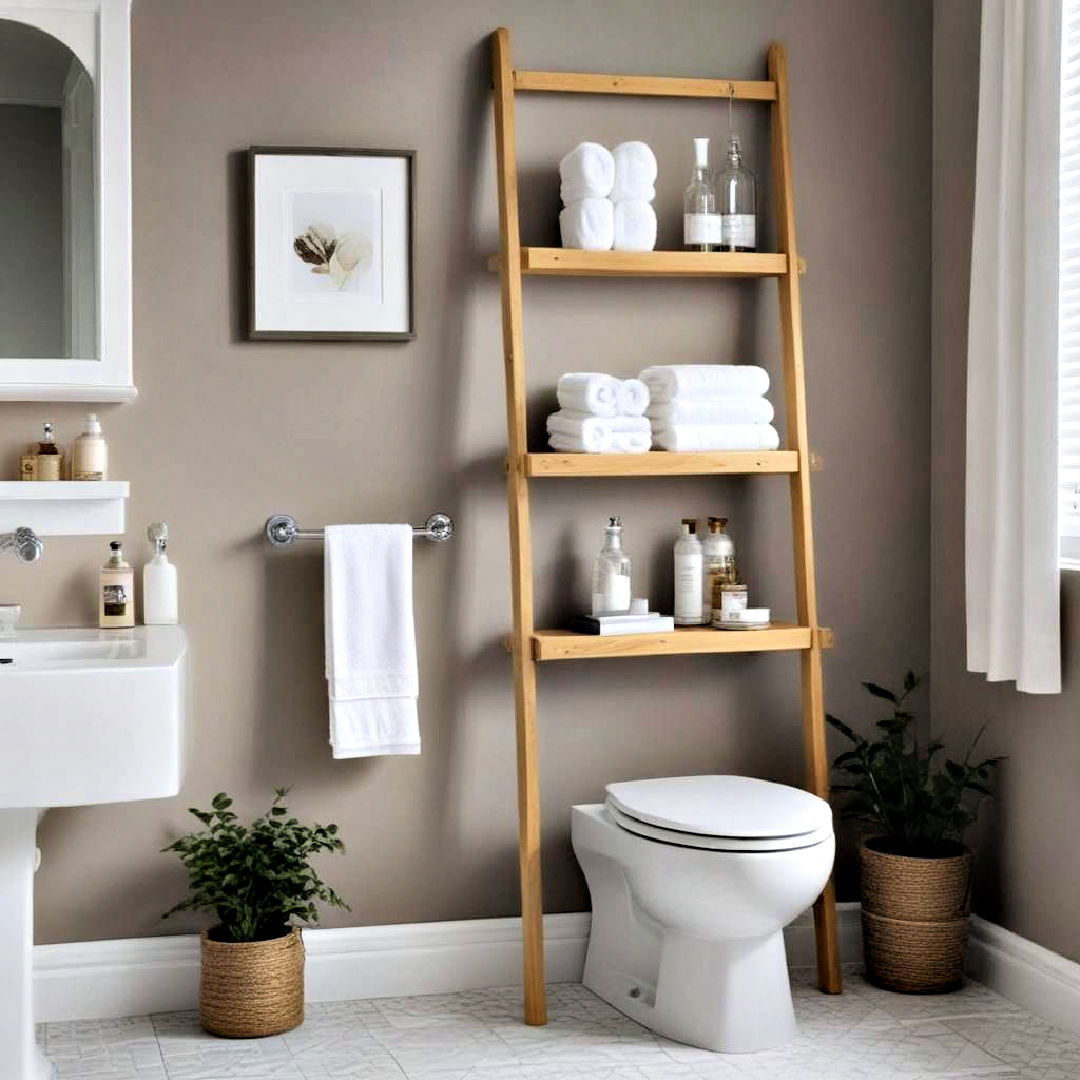 rustic storage ladder - 25 Over Toilet Storage Ideas