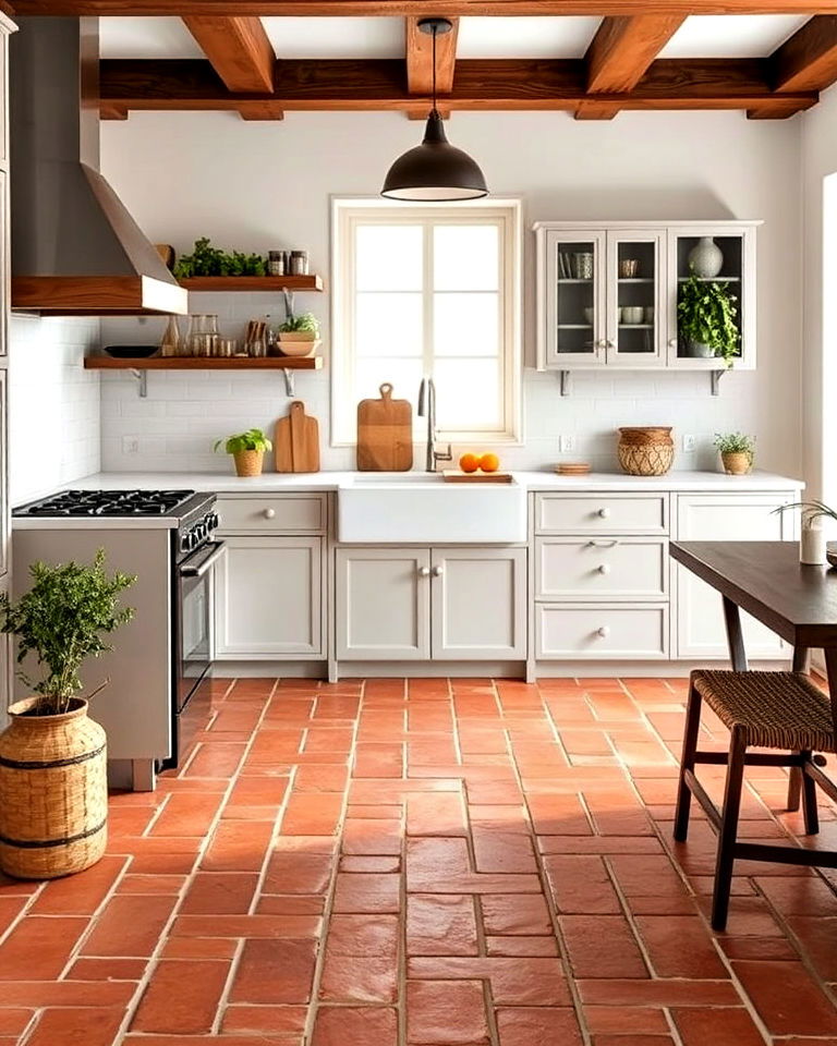rustic terracotta brick flooring - 40 Farmhouse Flooring Ideas