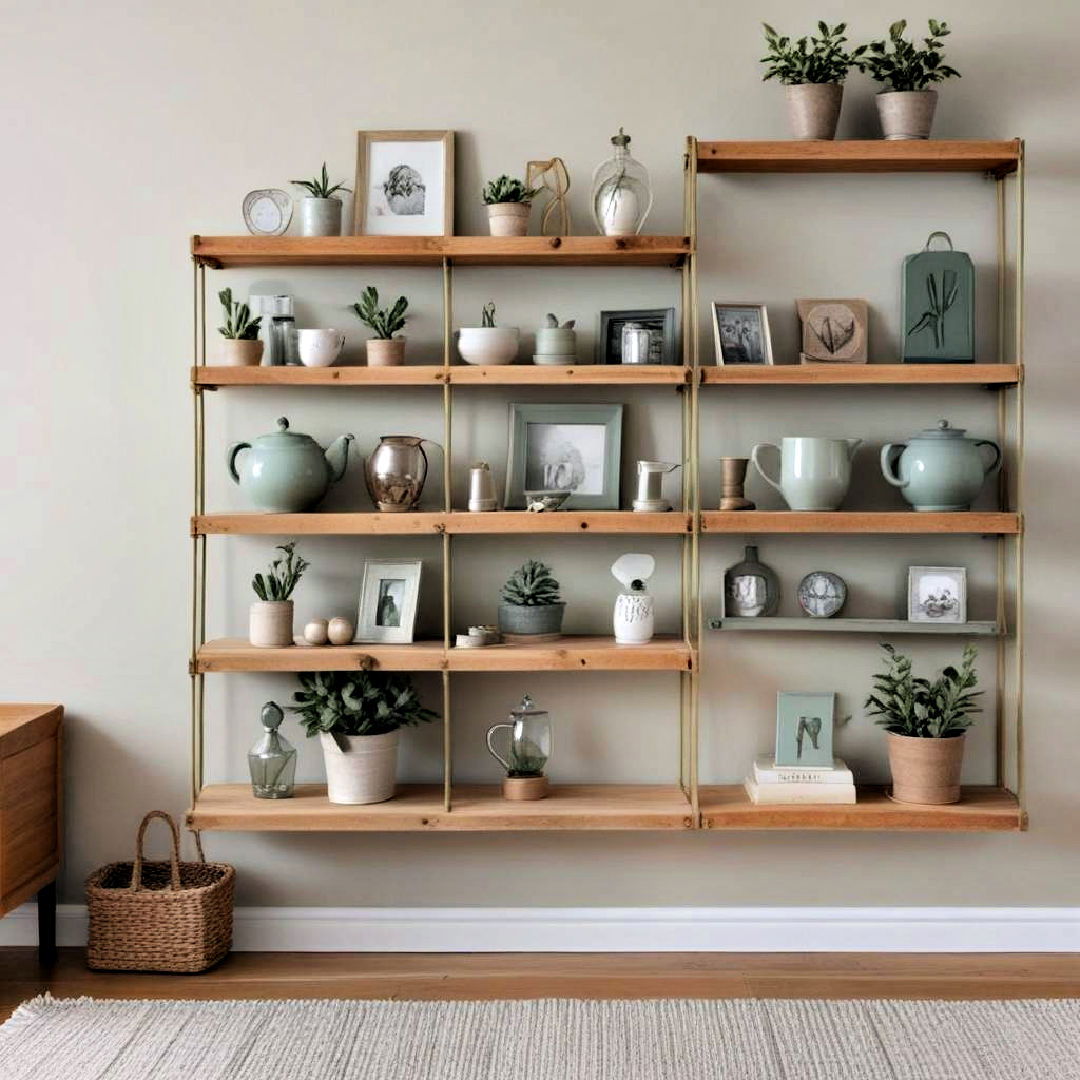 rustic themed shelving accessories - 25 Rustic Sage Green Living Room Ideas