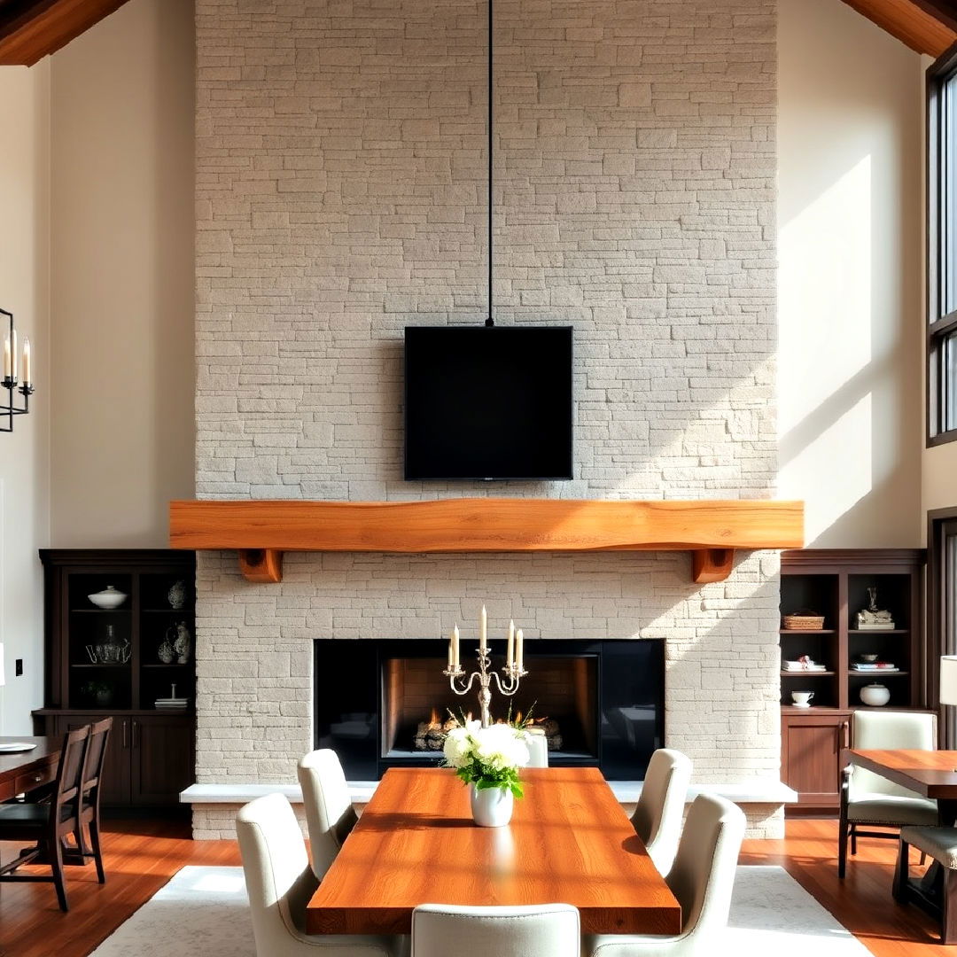 rustic timber mantel for two story fireplace - 25 Two-story Fireplace Ideas