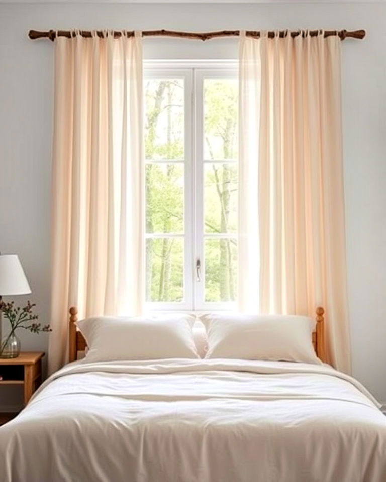 rustic tree branch curtain rods - 20 Forest-Themed Bedroom Ideas