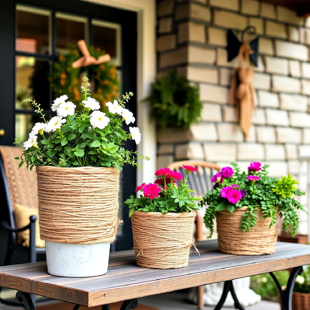 rustic twine wrapped planters - 25 Rustic Front Porch Ideas