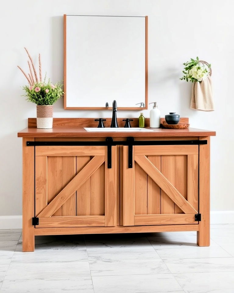rustic vanity with sliding barn doors - 15 Rustic Bathroom Vanity Ideas