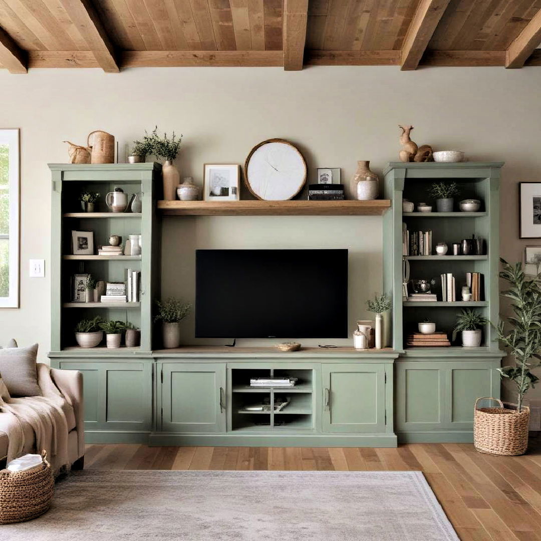 rustic vibe cabinetry - 25 Rustic Sage Green Living Room Ideas