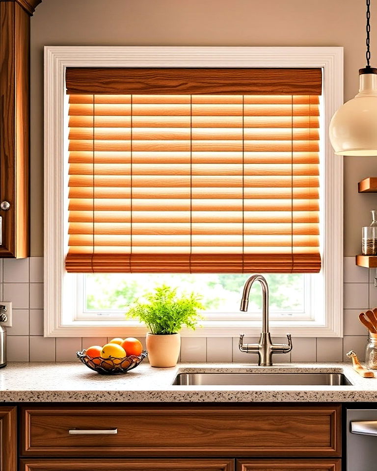 rustic vibe faux wood blinds - 15 Kitchen Blinds Ideas