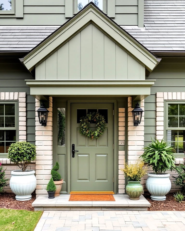 rustic vibe green gray with whitewashed brick - 25 Farmhouse Green Exterior Home Ideas