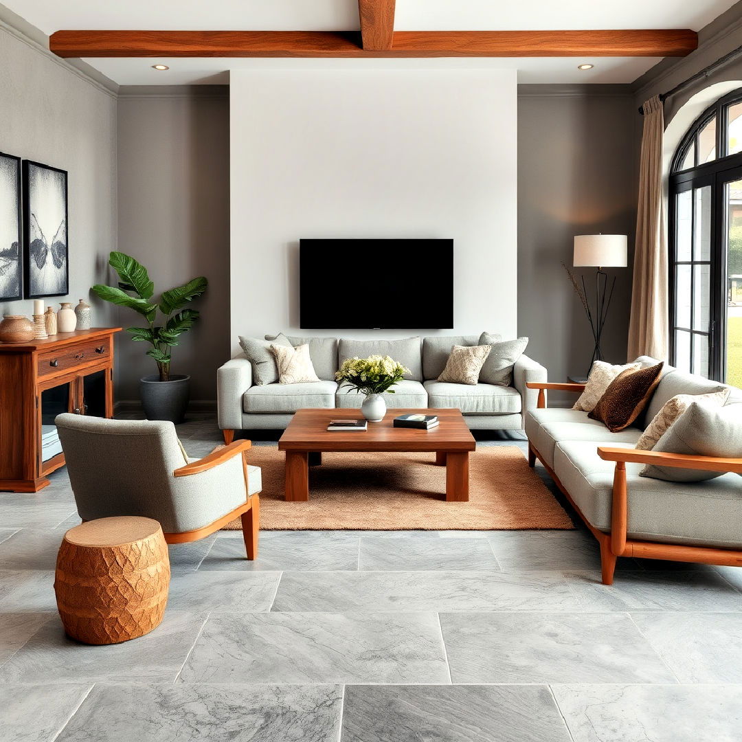 rustic vibe grey stone flooring - 25 Grey Flooring Living Room Ideas