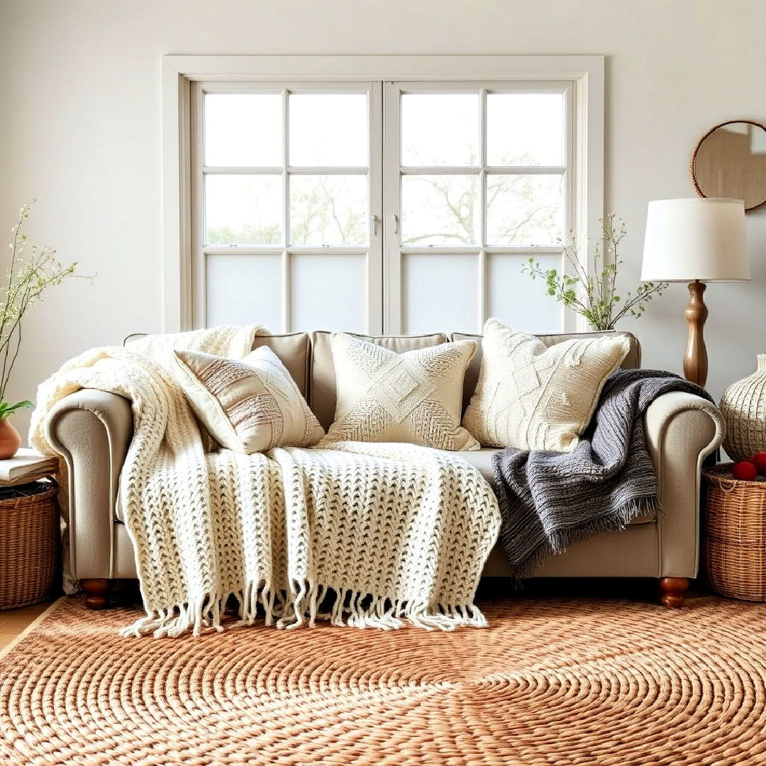 rustic vibe layered textiles - 30 Cottage Decorating Ideas