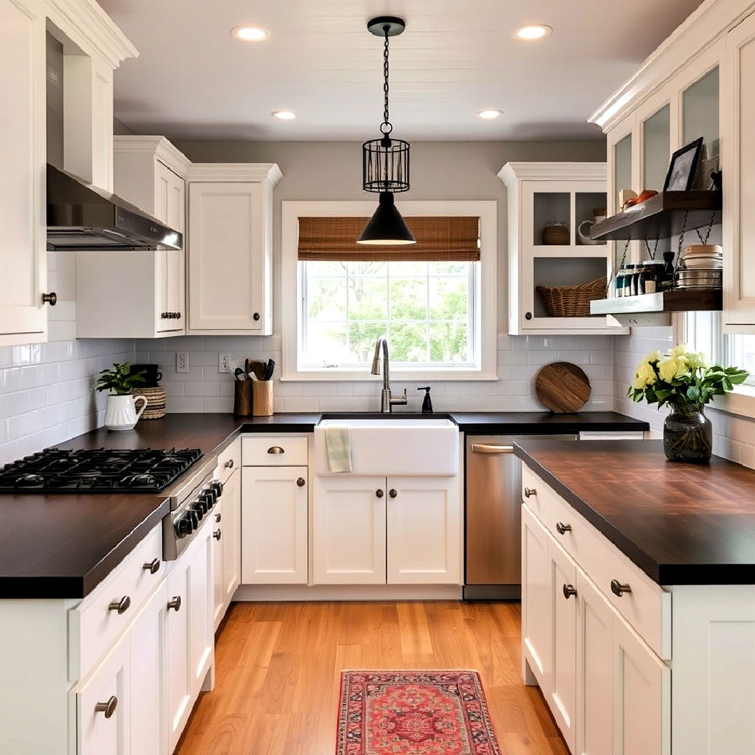 rustic vibe white cabinets with black butcher block countertops - 40 White Kitchen With Black Countertops Ideas