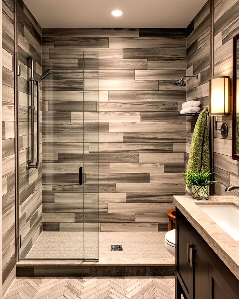 rustic walk in shower with barnwood tiling - 25 Rustic Walk-in Shower Ideas
