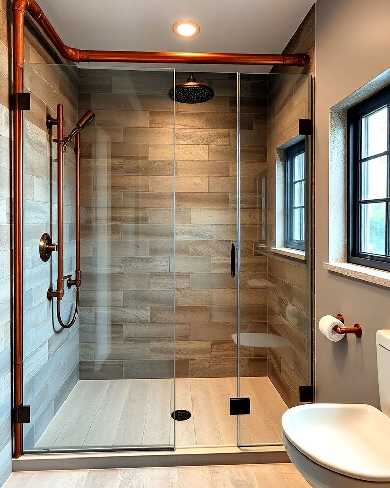 rustic walk in shower with exposed copper pipes - 25 Rustic Walk-in Shower Ideas