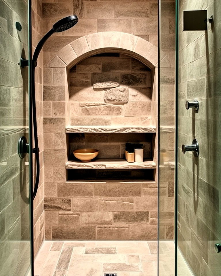 rustic walk in shower with stone niche for storage - 25 Rustic Walk-in Shower Ideas