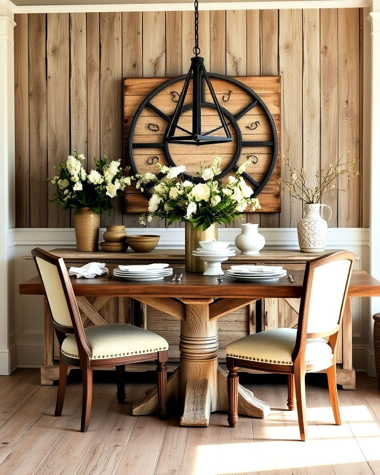 rustic weathered wood accents - 30 Cottagecore Dining Room Ideas