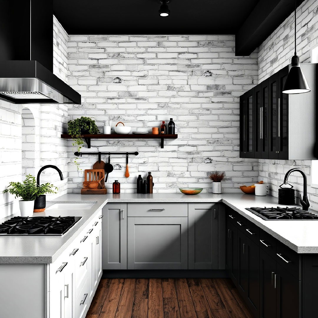 rustic white brick walls and black accents - 40 Black and White Kitchen Ideas