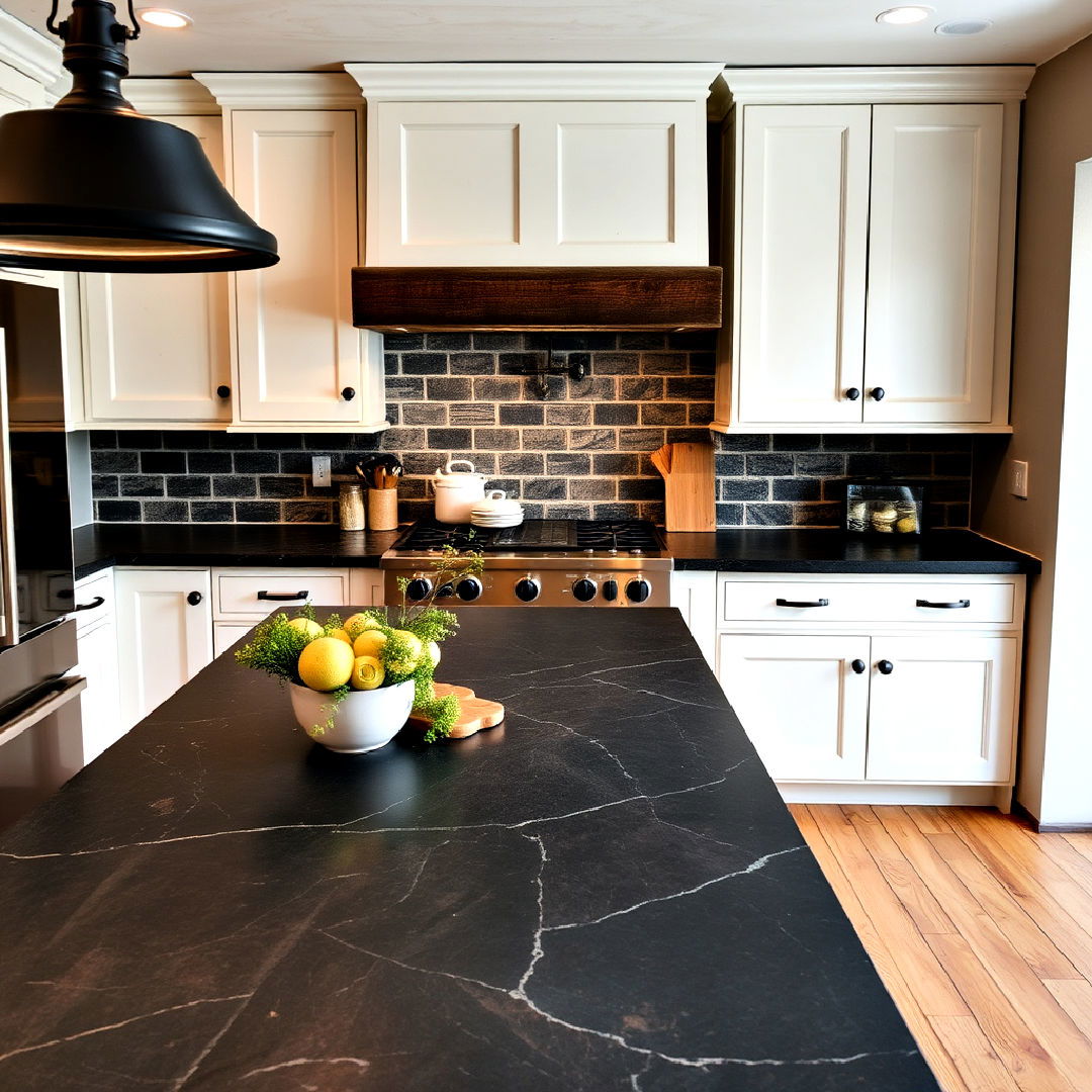 rustic white cabinets and black slate countertops - 40 White Kitchen With Black Countertops Ideas