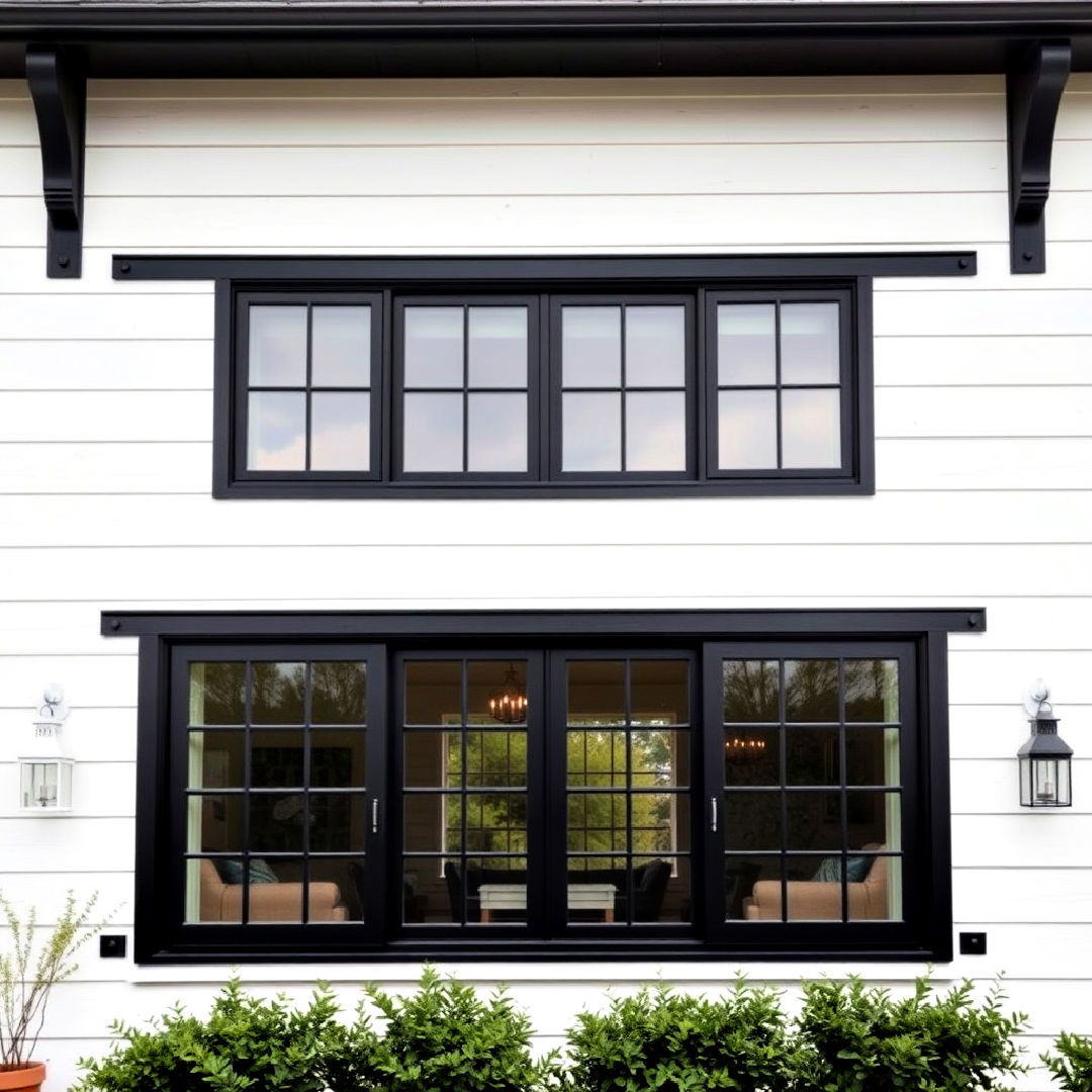 rustic white farmhouse with black sliding windows - 25 White Farmhouse With Black Windows Ideas
