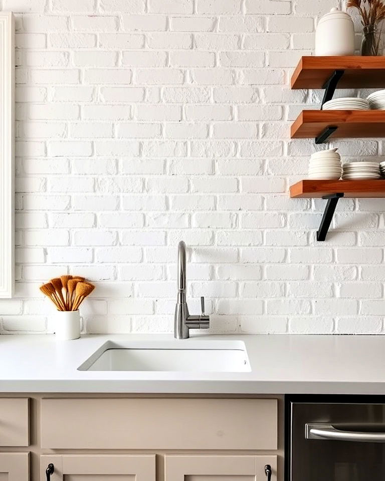 rustic white painted brick backsplash painted in rustic white - 20 Rustic White Kitchen Ideas