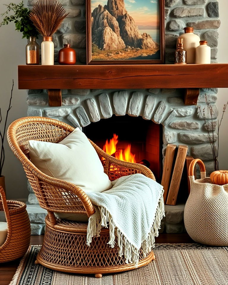 rustic wicker chair with cozy cushions - 20 Chairs in Front of Fireplace Ideas