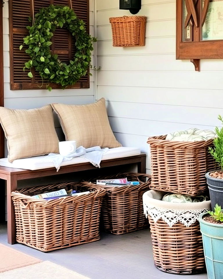 rustic wicker storage baskets - 30 Rustic Porch Ideas