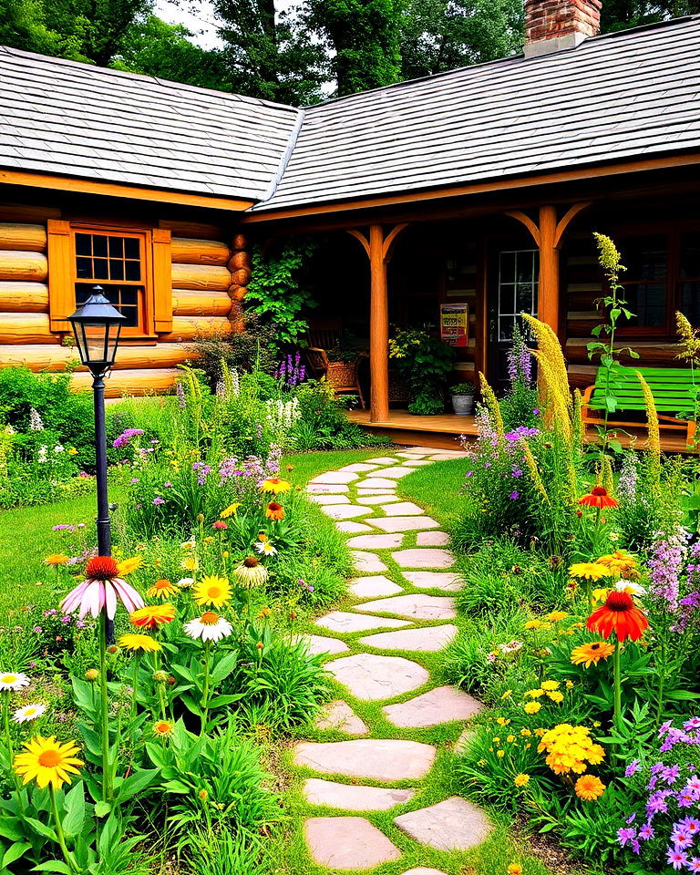 rustic wildflower garden for log cabin landscaping - 25 Log Cabin Landscaping Ideas