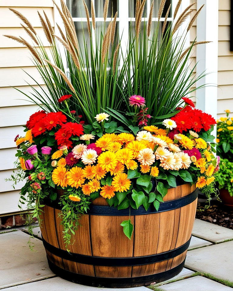 rustic wine barrel planter - 40 Fall Planter Ideas