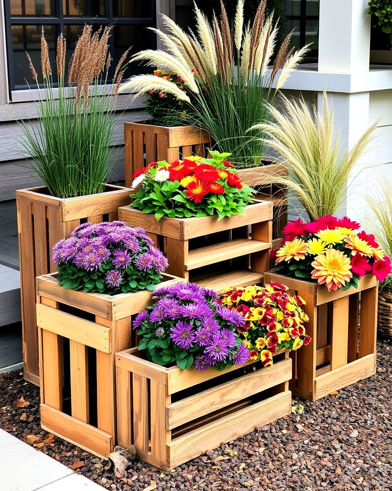 rustic wine crate fall planters - 40 Fall Planter Ideas