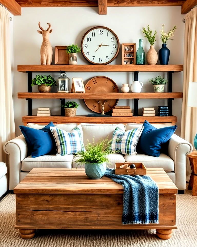 rustic wood elements for blue and beige living room - 20 Blue and Beige Living Room Ideas