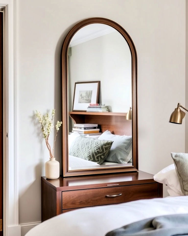 rustic wood framed mirror behind nightstand design - 15 Mirror Behind Nightstand Design Ideas