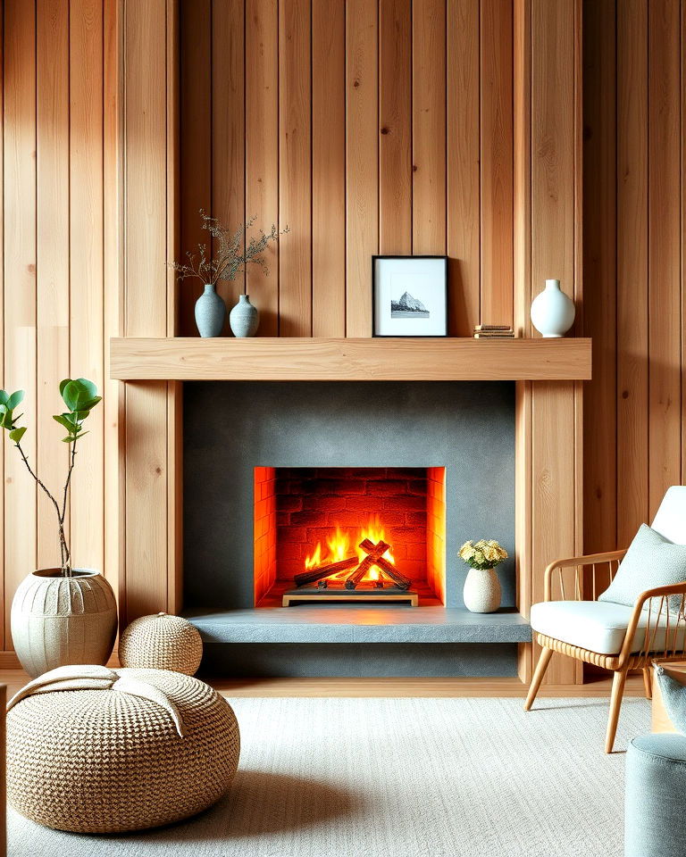 rustic wood paneled fireplace surround - 20 Scandinavian Fireplace Ideas