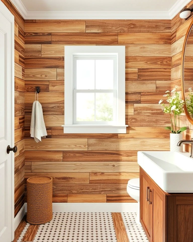 rustic wood paneling for cabin like atmosphere - 30 Bathroom Wallpaper Ideas