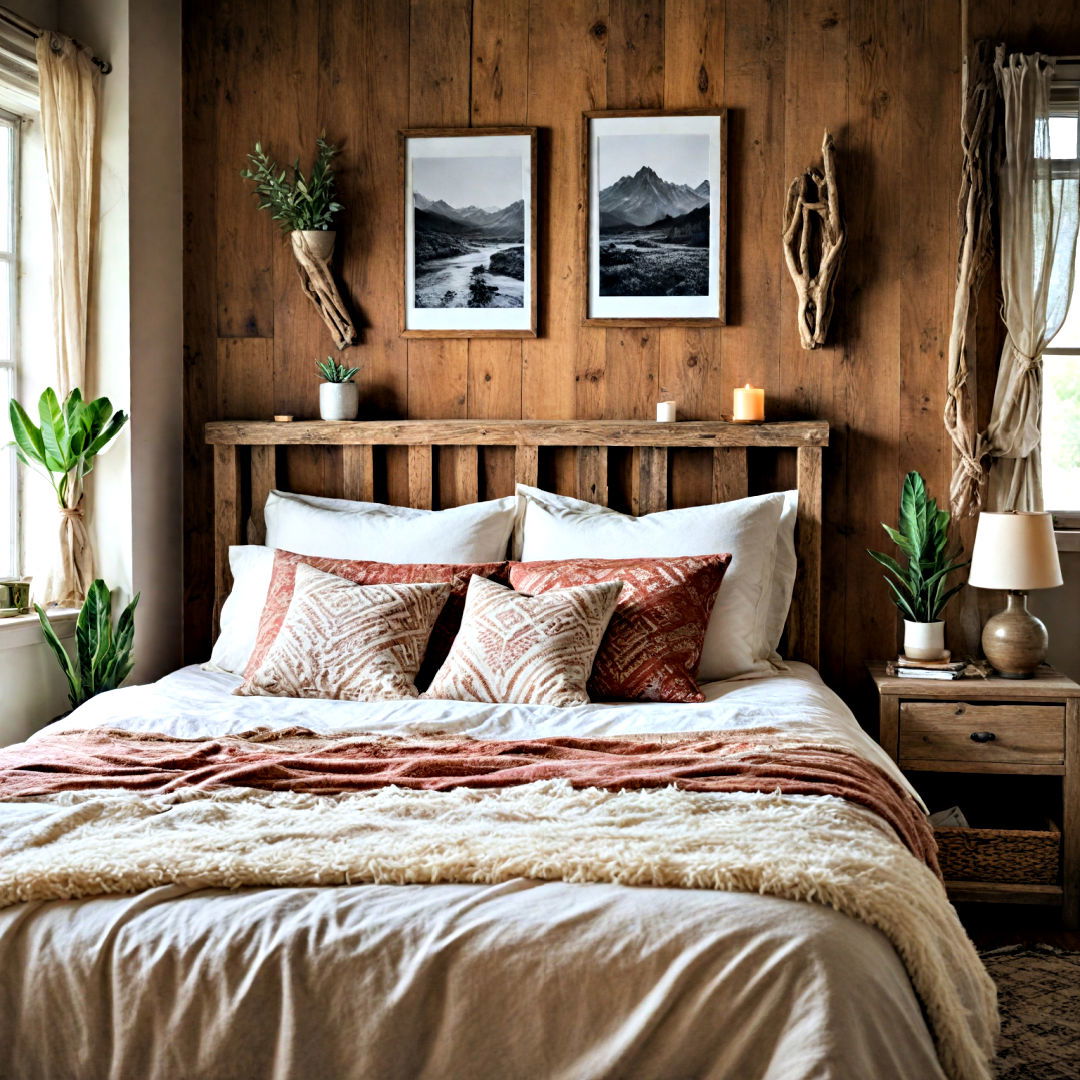 rustic wooden accents for boho bedroom - 40 Boho Bedroom Ideas