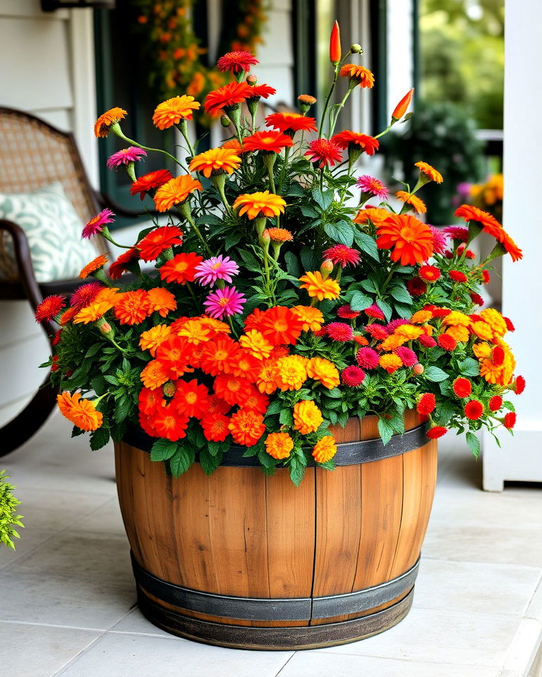 rustic wooden barrel planter - 40 Fall Planter Ideas