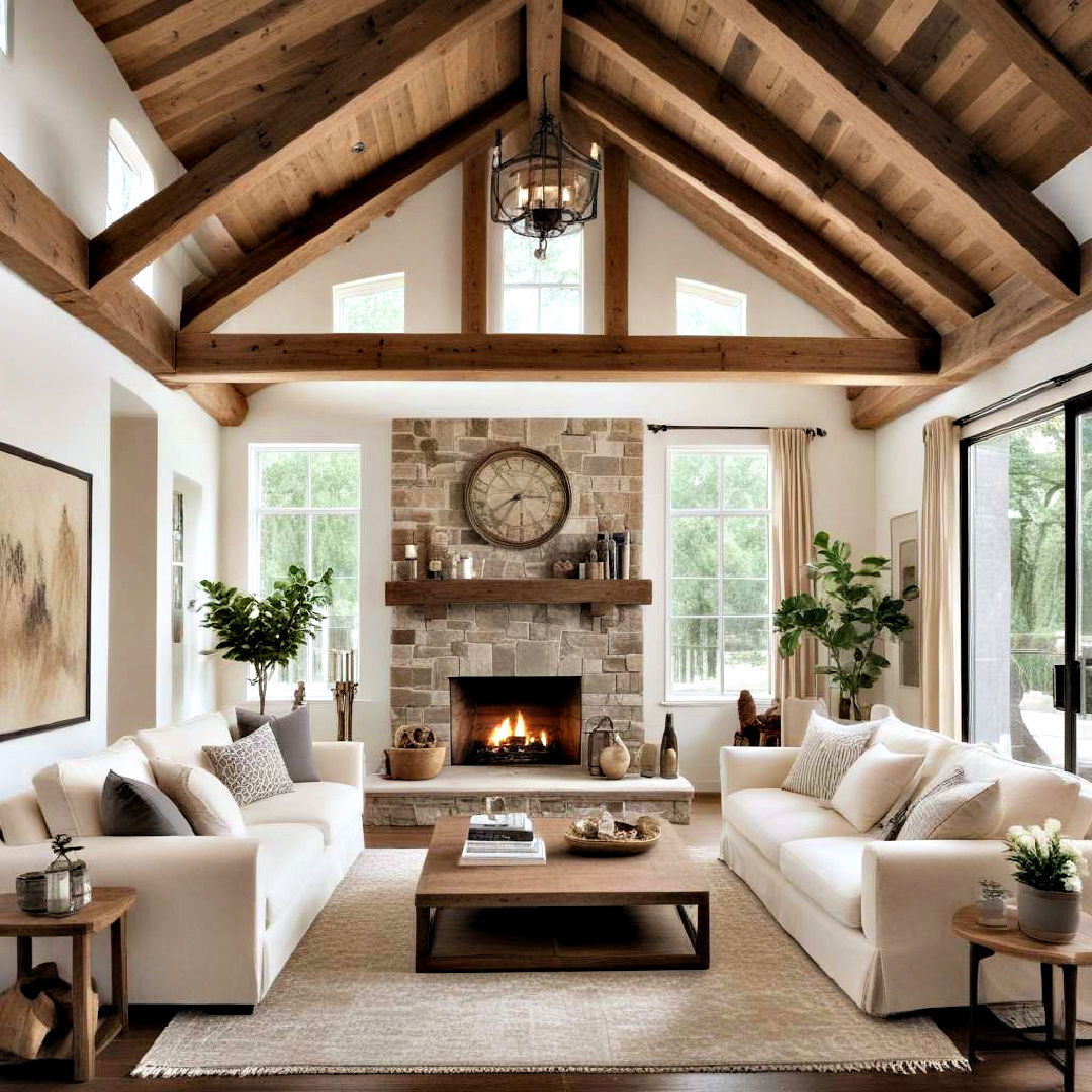 rustic wooden ceiling beams - 40 Neutral Living Room Ideas