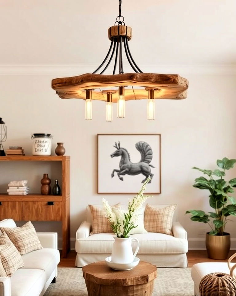 rustic wooden chandelier to add warmth - 30 Living Room Chandelier Ideas