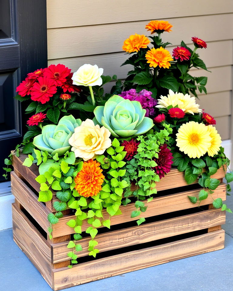 rustic wooden crate planter for fall - 40 Fall Planter Ideas